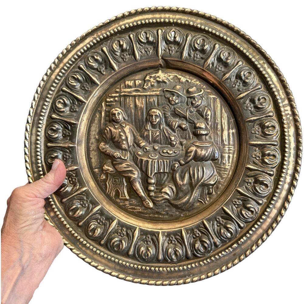 Mid Century Peerage Brass Hammered Brass Plate Pub Scene